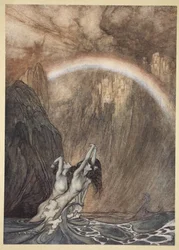 Die schönen Kinder des Rheins, die ihren verlorenen Goldschatz beklagen, weinen, Illustration aus 